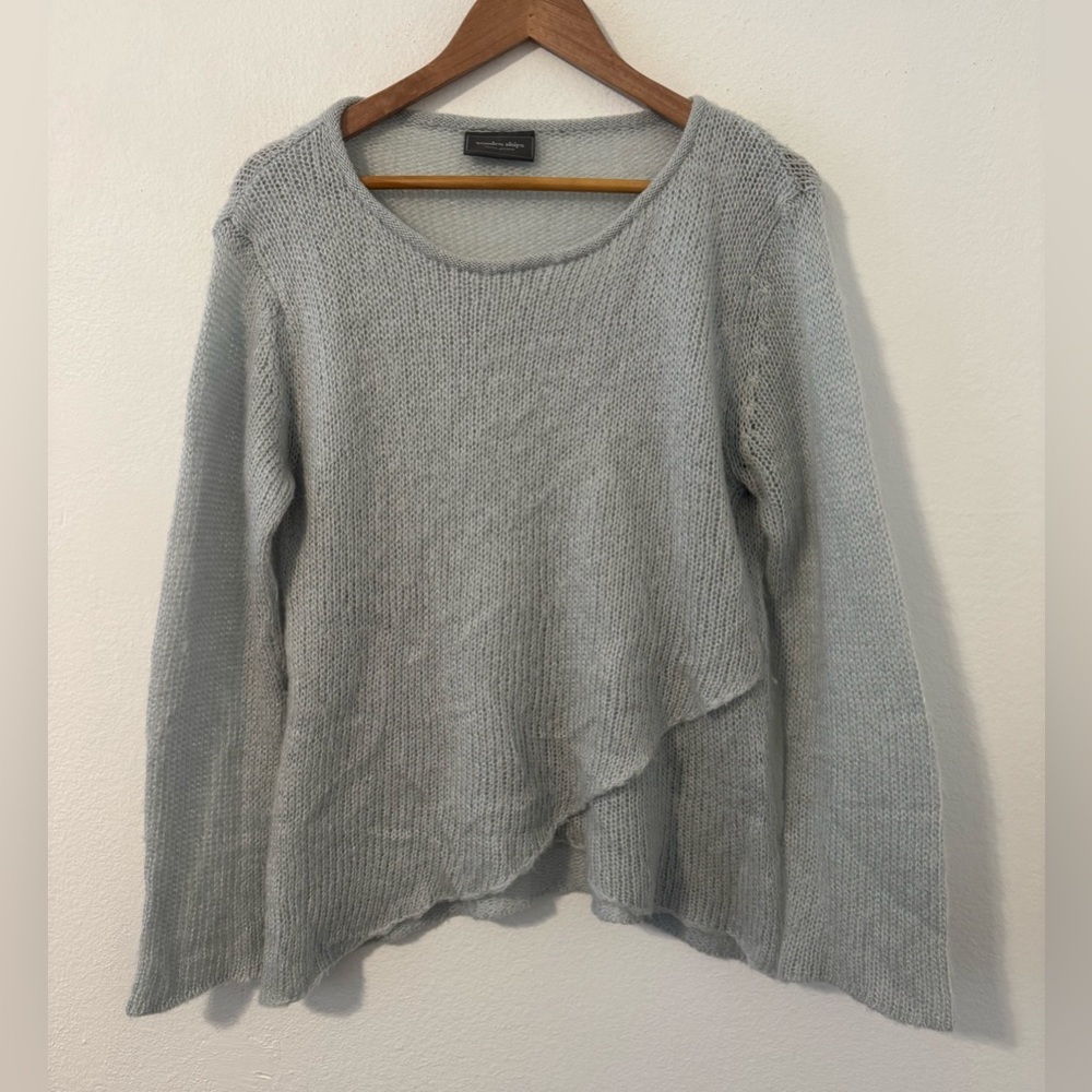 Wooden Ships Gray Sweater Cross Over Front Mohair Wool Open Knit Asymmetric M L